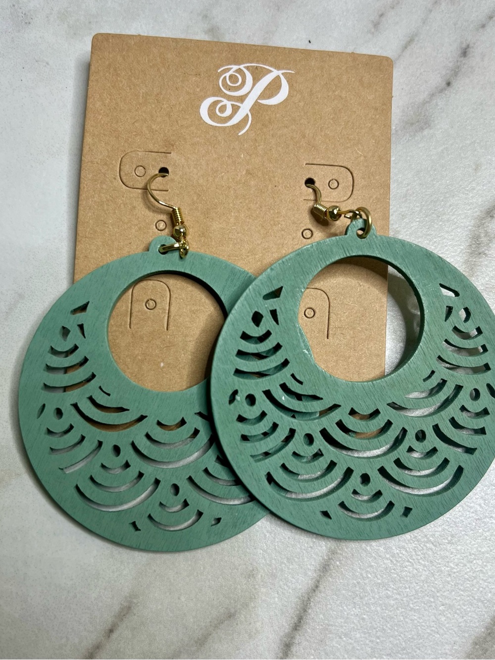 🆕 Plunder Teal Cutout Wave Wooden Hoop Earrings